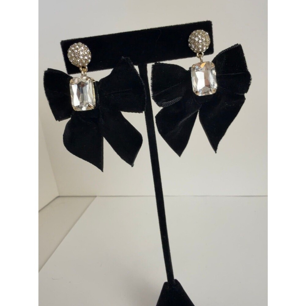 J.Crew Factory Velvet Bow Crystal Statement Earrings Black Gold Tone